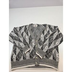 Vintage Sears Sweater Mens Large Gray Black Knit Button Cardigan Italy 80s